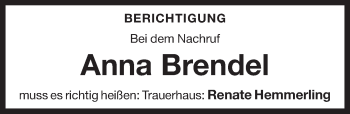 Traueranzeige von Anna Brendel von Pegnitz-Zeitung